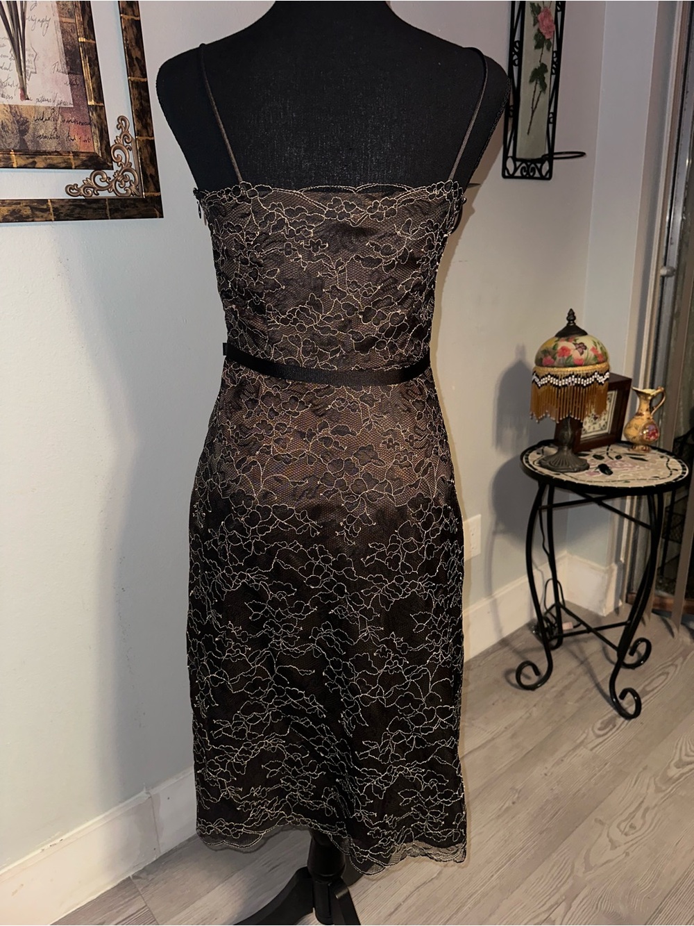 Vintage 90s Laundry by Shelli Segal Black Gold Lace Strappy Midi Dress, Sz 2 - Picture 2 of 5